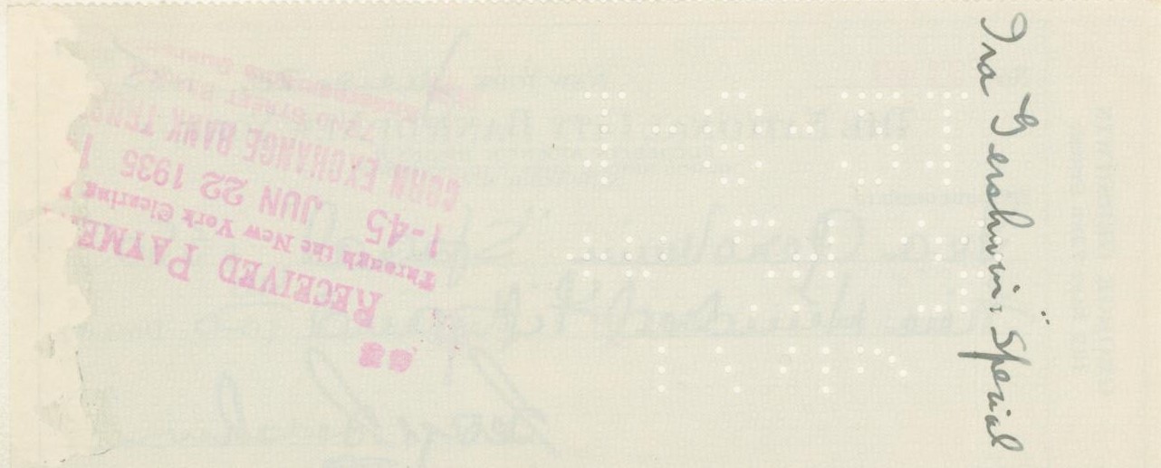 Gershwin, George - Signatures of George and Ira on a Bank Check.